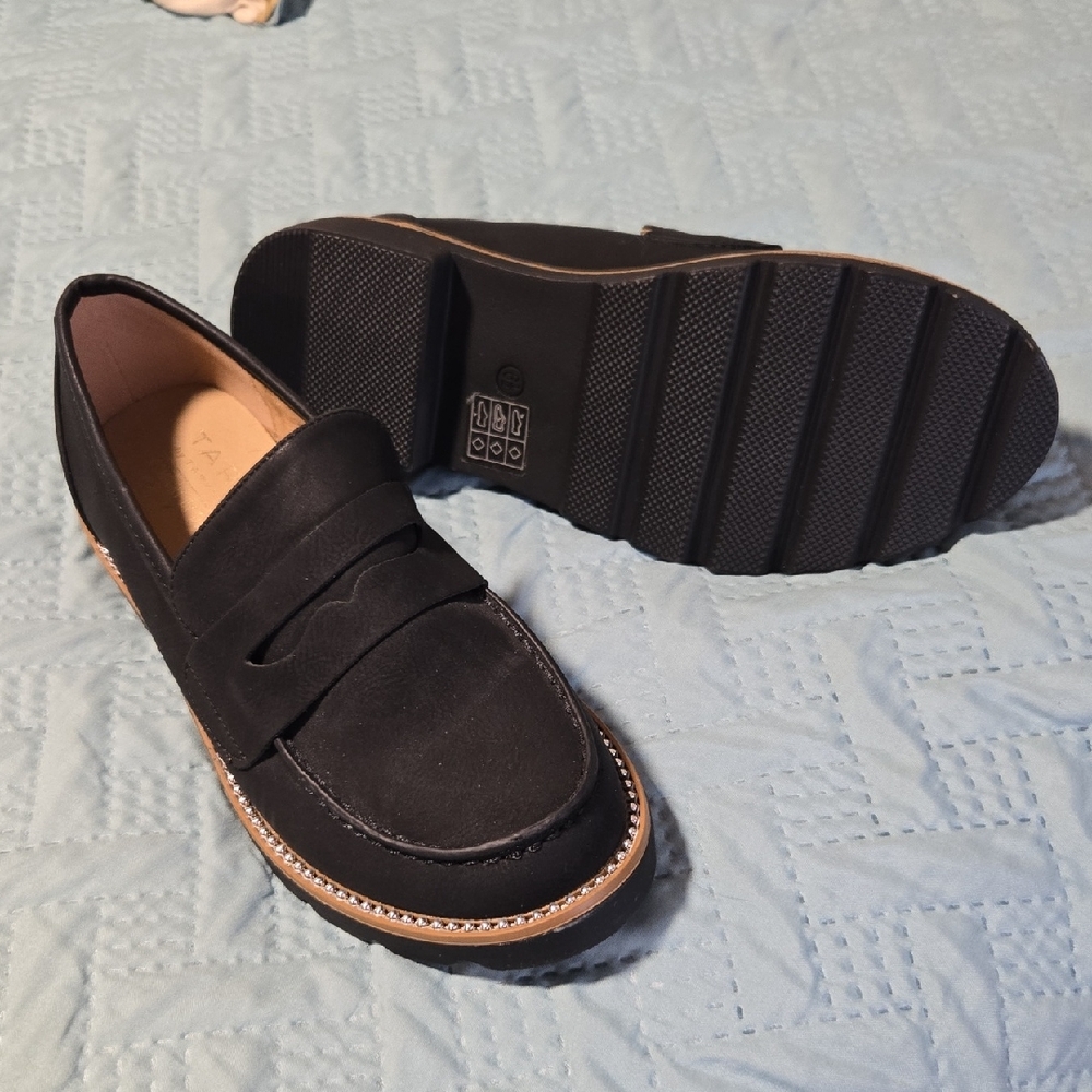 Taryn Rose Black Suede Penny Loafers with Tan Trim